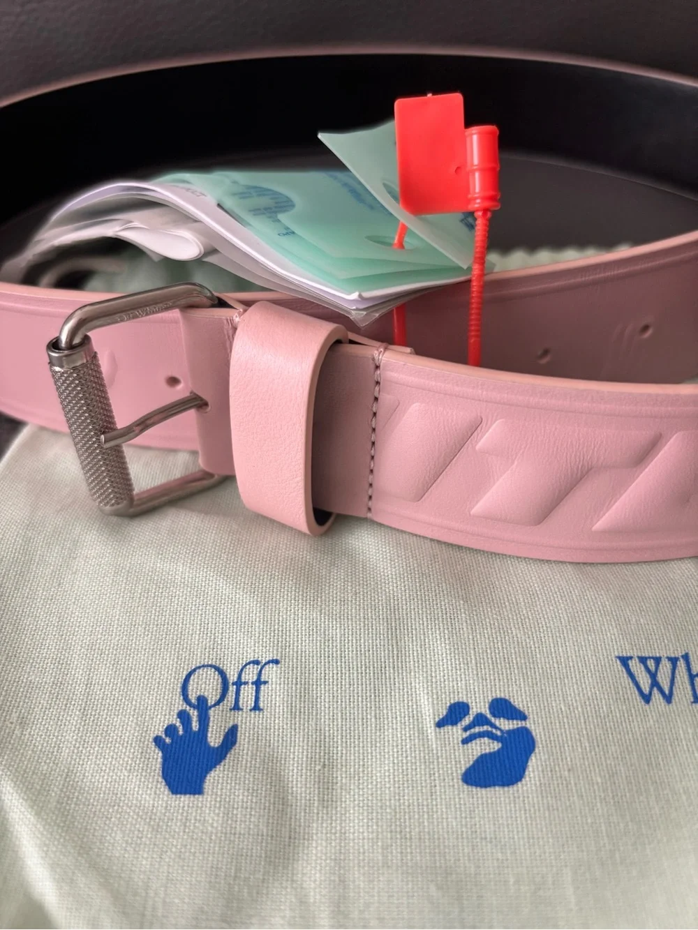 Off-White Pink and Black Leather Logo Belt